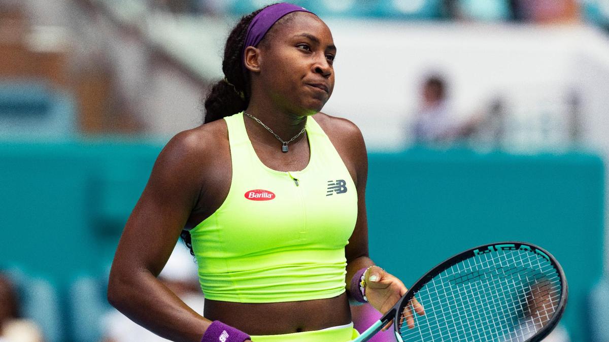Coco Gauff USA reacts to losing a set during the fourth round of the women’s singles match against Caroline Garcia FRA at the Miami Open tennis tournament on Monday, March 25, 2024, at the Hard Rock Stadium in Miami Gardens. Garcia won the match.