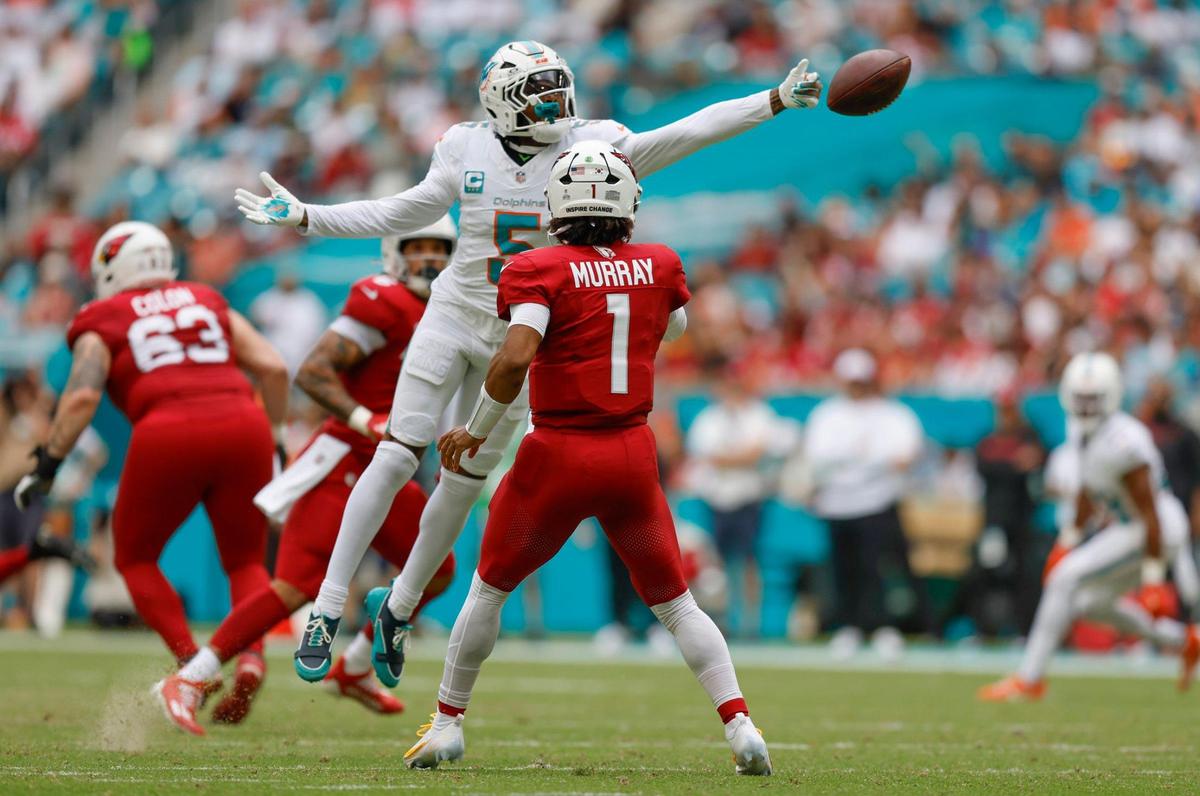 Miami Dolphins cornerback Jalen Ramsey (5) blocks the ball for an incomplete pass by Arizona Cardinals quarterback Kyler Murray (1) in the first half during an NFL football game at Hard Rock Stadium in Miami Gardens, Florida on Sunday, October 27, 2024.