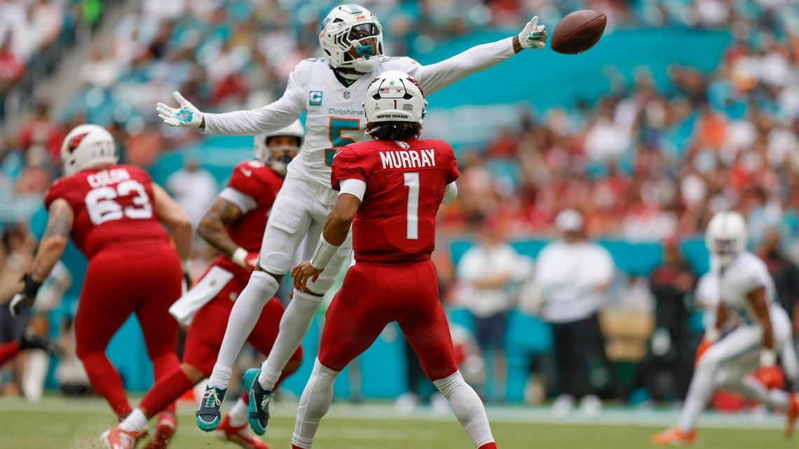 Miami Dolphins cornerback Jalen Ramsey (5) blocks the ball for an incomplete pass by Arizona Cardinals quarterback Kyler Murray (1) in the first half during an NFL football game at Hard Rock Stadium in Miami Gardens, Florida on Sunday, October 27, 2024.