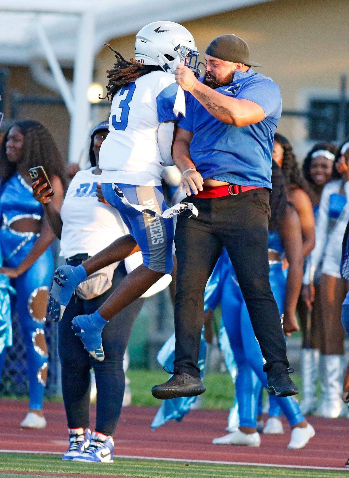 Dillard Panthers Tre’ Vaughn Martinez (3) celebrates Panthers’ second touchdown against Chaminade-Madonna Lions during football game on Friday, September 2, 2022 at Chaminade-Madonna HS in Hollywood. Andrew Uloza / for Miami Herald