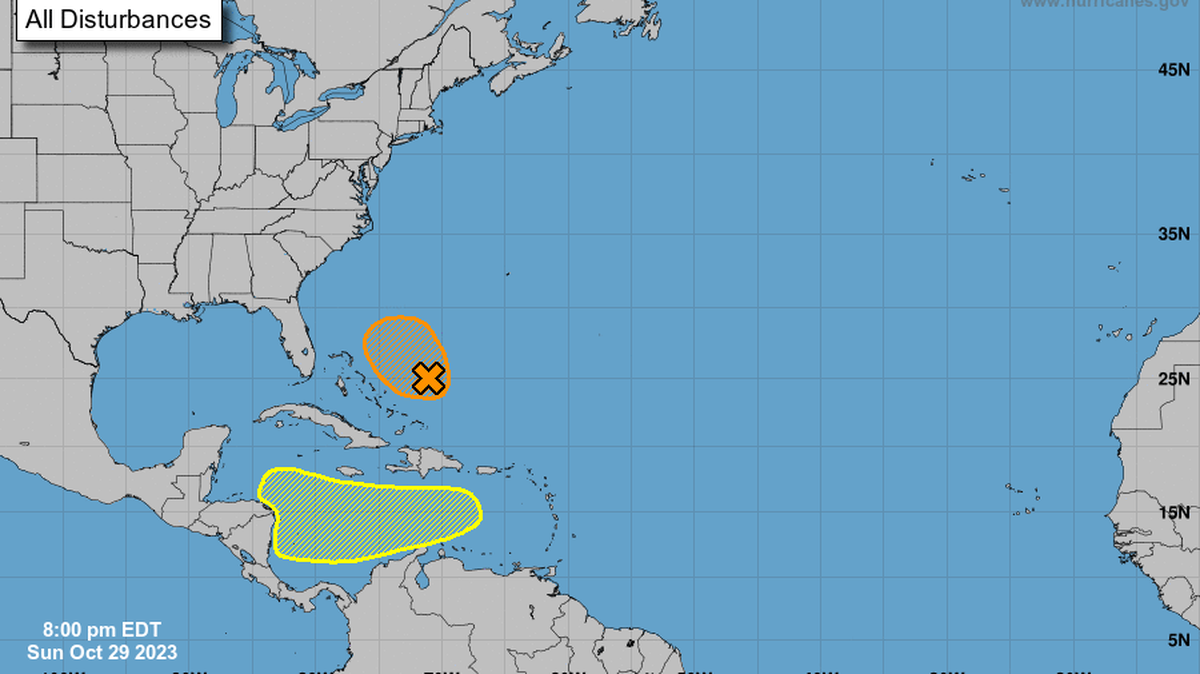 The National Hurricane Center was monitoring two tropical systems in the Atlantic Ocean on Sunday, Oct. 29, 2023. The one closest to Florida could become Tropical Storm Vince.