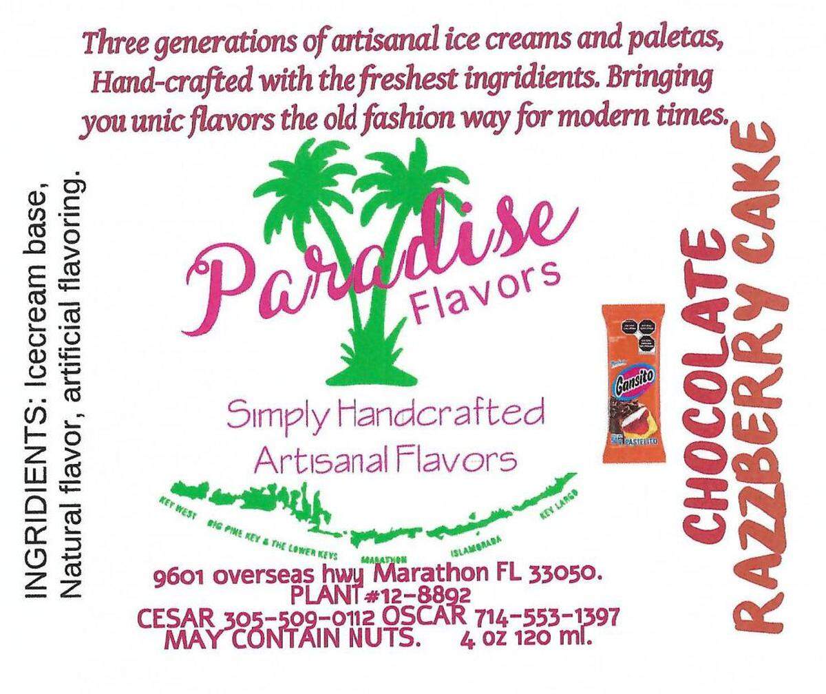 The label for Chocolate Razzberry Cake flavored ice cream bars from Paradise Flavors