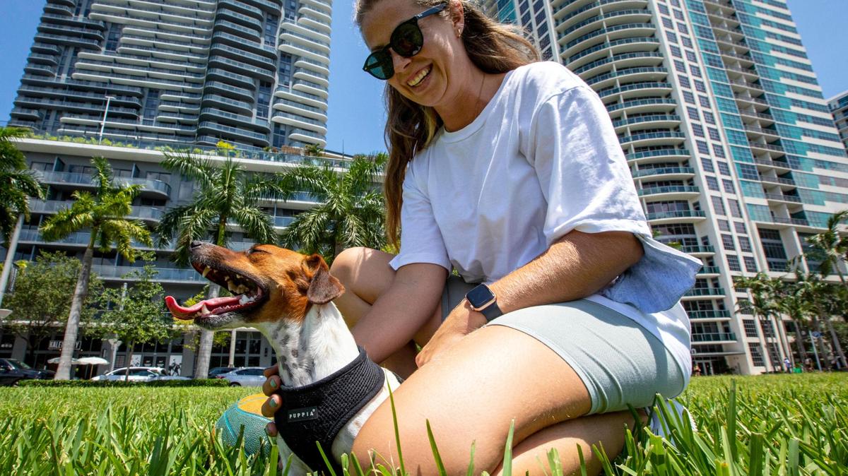 Heather Lynch, 33, plays with her dog Mouse near The Shops at Midtown Miami on May 21, 2021. South Florida’s dog owners will have more doggie daycare facilities to choose from in Fort Lauderdale and Miami with the expansion of the Los Angeles-based Dogdrop.