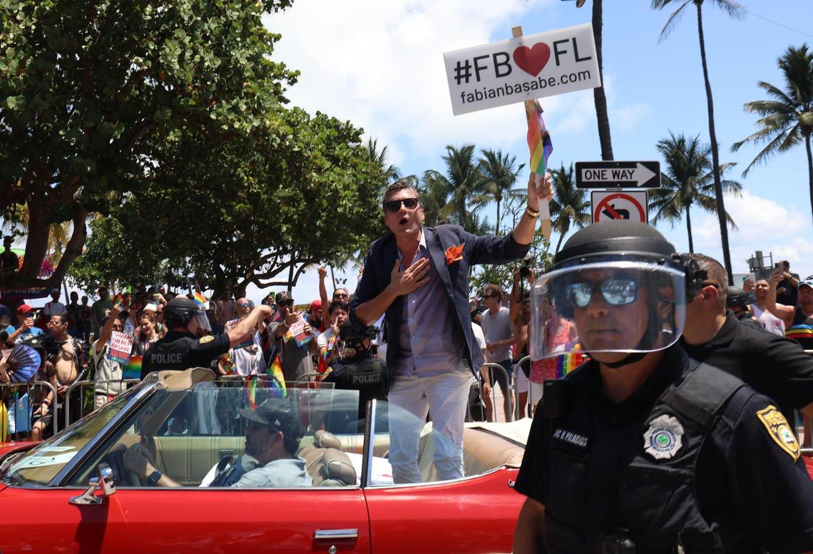 Fabian Basabe engages with the crowd at the Miami Beach Pride parade on Sunday, April 16, 2023.