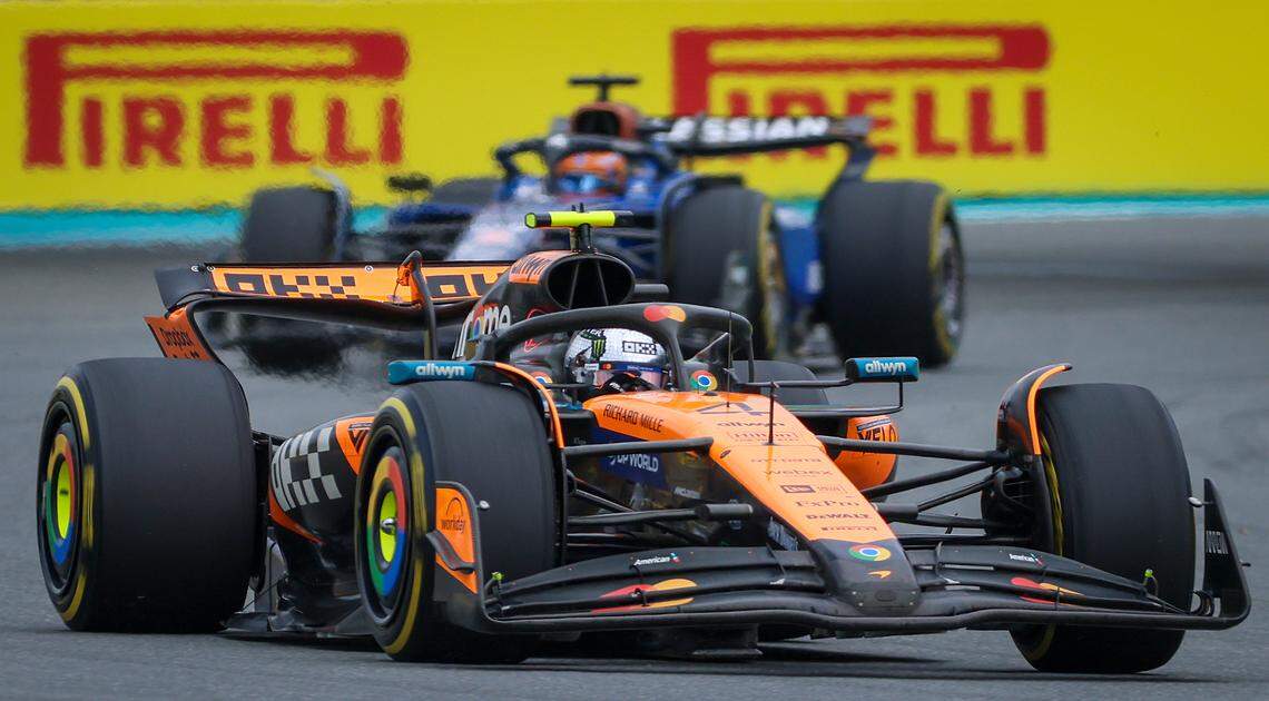 McLaren driver Lando Norris of Britaintakes Turn #6 during the Formula One Miami Grand Prix at the Miami International Autodrome on Sunday, May 4, 2025, in Miami Gardens, Fla.