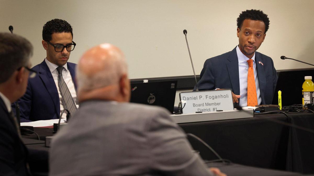 Broward School Board Torey Alston, District 2, right, addresses the search firm executive while reviewing candidates for the Broward school superintendent job, Tuesday, May 2, 2023, in downtown Fort Lauderdale. Alston called the applicant pool ‘absolutely weak — collectively.’