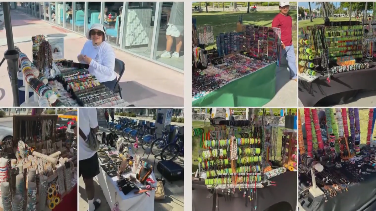 Images of artist vendors in South Beach were displayed during a Miami Beach City Commission meeting on Wednesday, Dec. 11, 2024. The city is looking to limit the number of bead stringers in its artist vendor program.