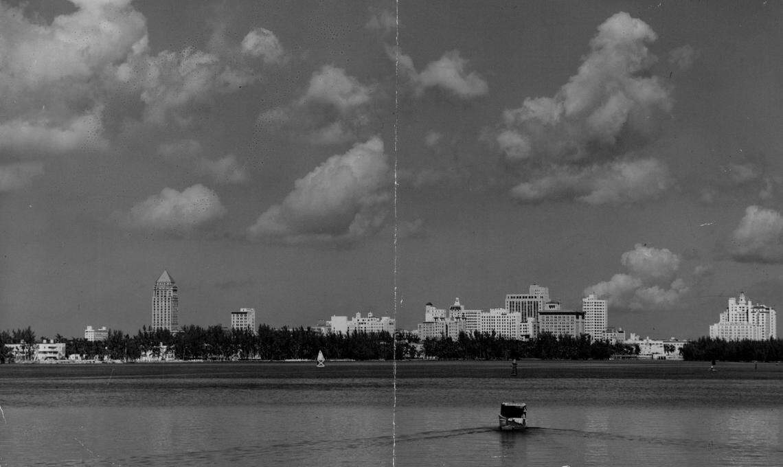 Miami skyline from Rickenbacker Causeway in 1947.