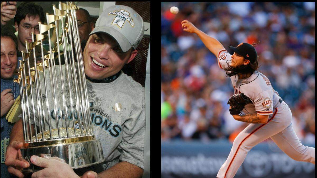 Left: Florida Marlins Ivan Rodriguez celebrates with the World Series trophy after defeating the New York Yankees 2-0 to win Game 6 of the World Series on Oct. 25, 2003, in New York. Right: Relief pitcher Dereck Rodriguez of the San Francisco Giants delivers to home plate in his Major League debut during the fourth inning against the Colorado Rockies at Coors Field on May 29 in Denver.