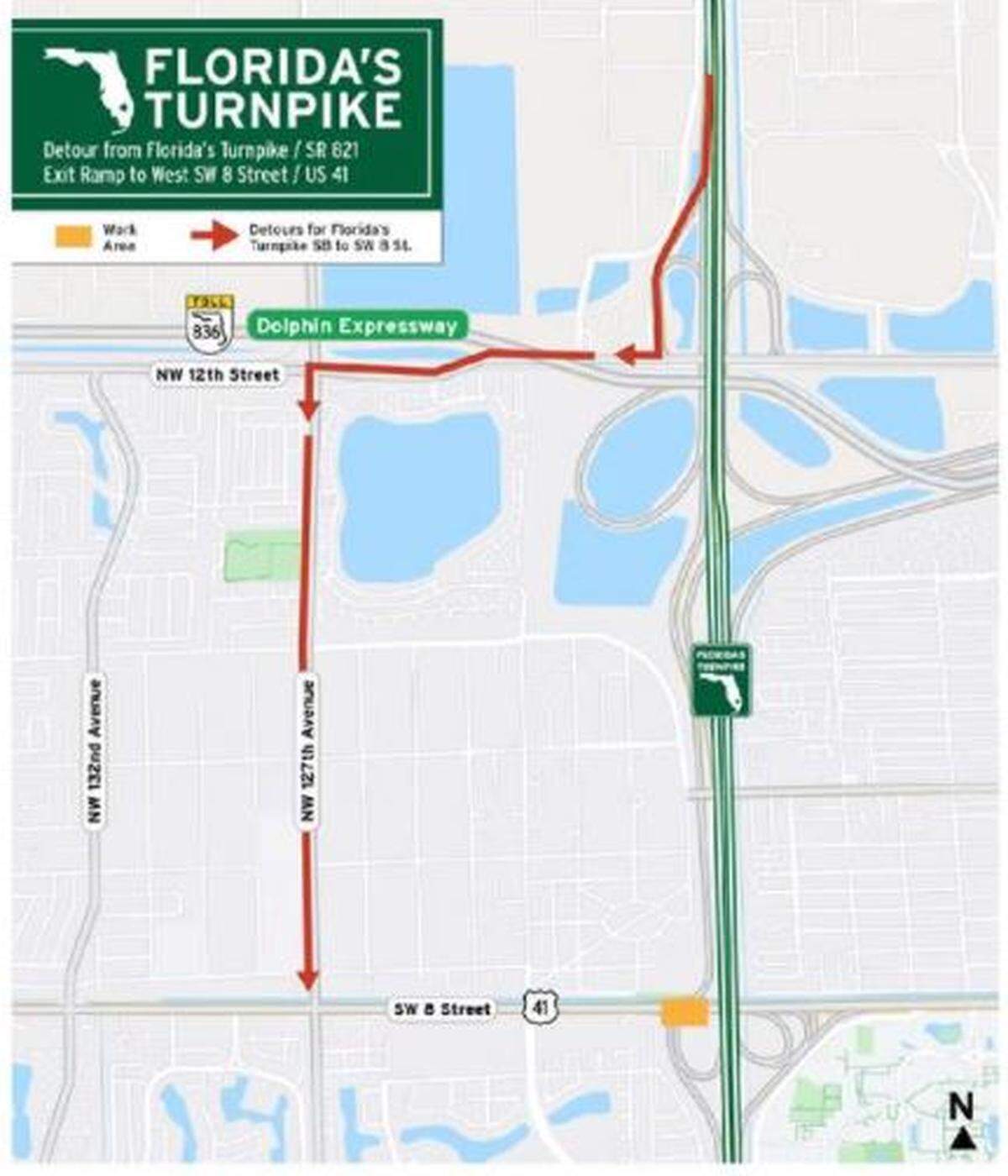 The detour for southbound Florida Turnpike drivers who want to get at westbound Southwest Eighth Street.