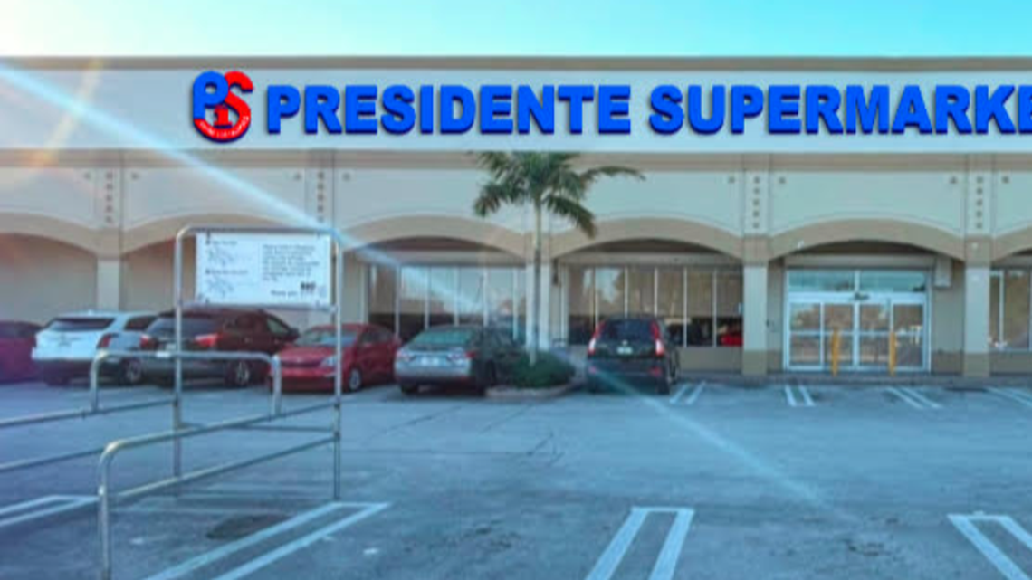 Representación artística de un nuevo supermercado Presidente cuya apertura está prevista para Miami Gardens en 5580 NW 167 St. alrededor de julio de 2025.