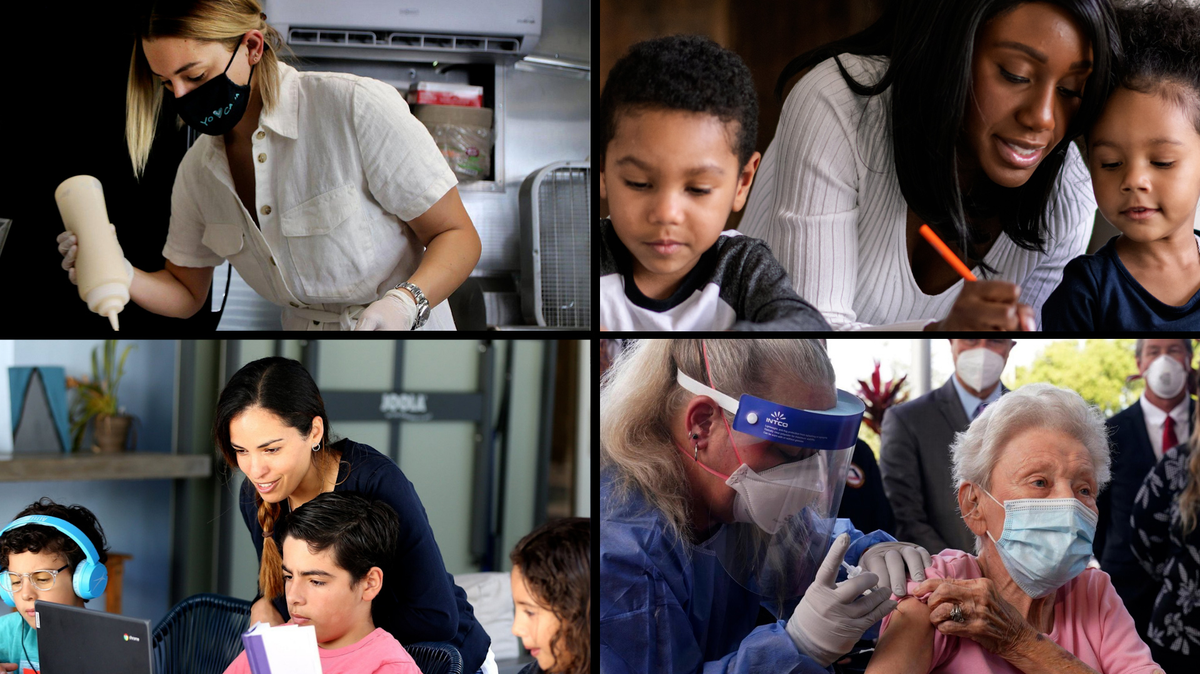 Various women working and living through the COVID-19 pandemic.