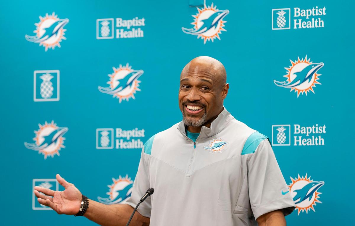 Miami Dolphins Defensive Coordinator Anthony Weaver&nbsp;speaks during a press conference at Baptist Health Training Complex on Thursday, Feb. 15, 2024 in Miami Gardens, Fla. Weaver was hired to replace&nbsp;Vic Fangio, who left after one season with the Dolphins.