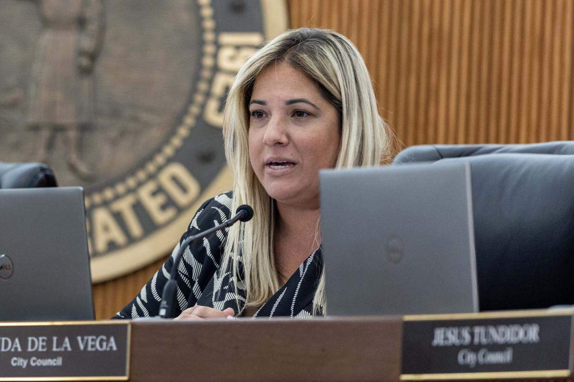 Hialeah Council member Melinda De La Vega speaks during a city council meeting