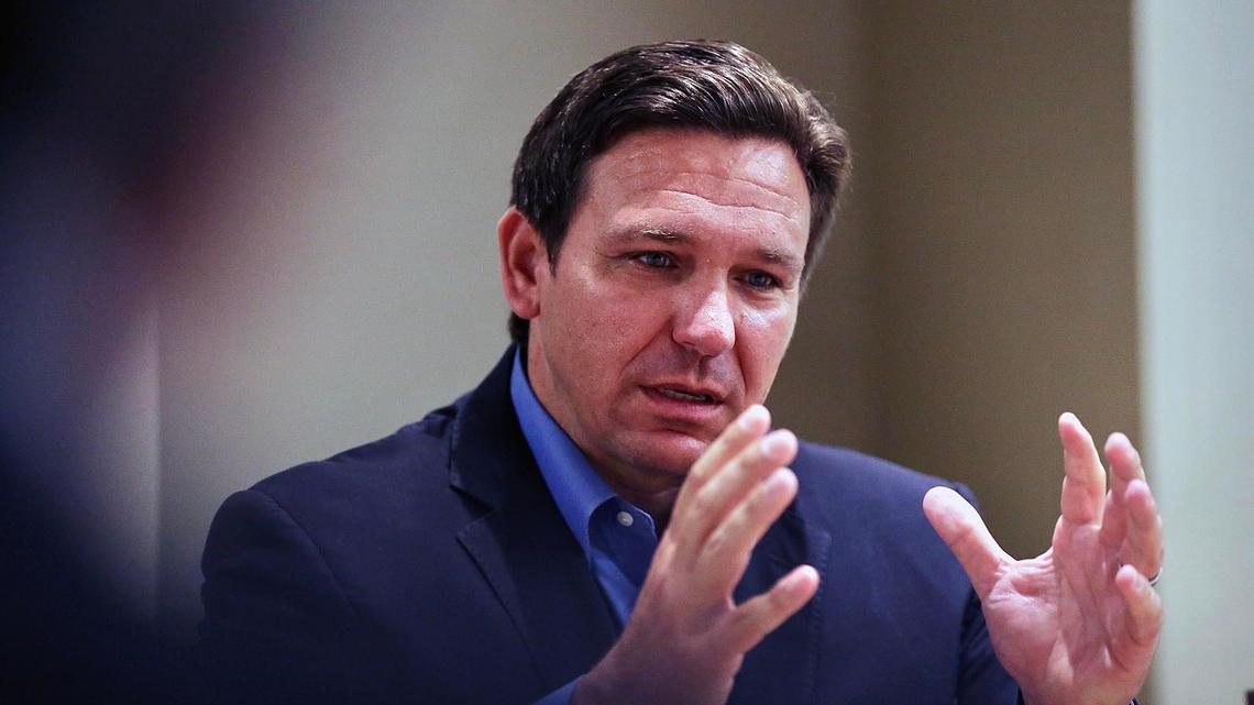 Florida Gov. Ron DeSantis speaks during a meeting with President Joe Biden and other officials at the St. Regis Resort in Bal Harbour on Thursday, July 1, 2021.