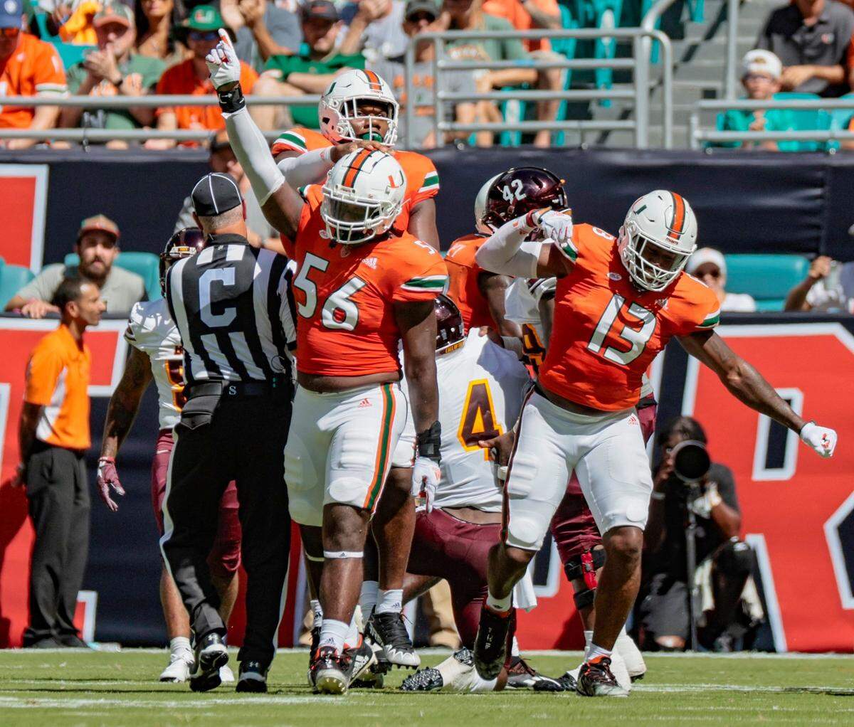 Miami Hurricanes defensive linemen Leonard Taylor (56) and Chantz Williams (13) react after taking down Bethune Cookman Wildcats quarterback Jalon Jones (4) in the first quarter at Hard Rock Stadium in Miami Gardens on Saturday, September 3, 2022.