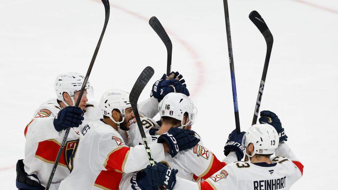 May 28, 2025; Raleigh, North Carolina, USA; Florida Panthers celebrate forward Carter Verhaeghe (23) goal during the third period against the Carolina Hurricanes in game five of the Eastern Conference Final of the 2025 Stanley Cup Playoffs at Lenovo Center. Mandatory Credit: Geoff Burke-Imagn Images