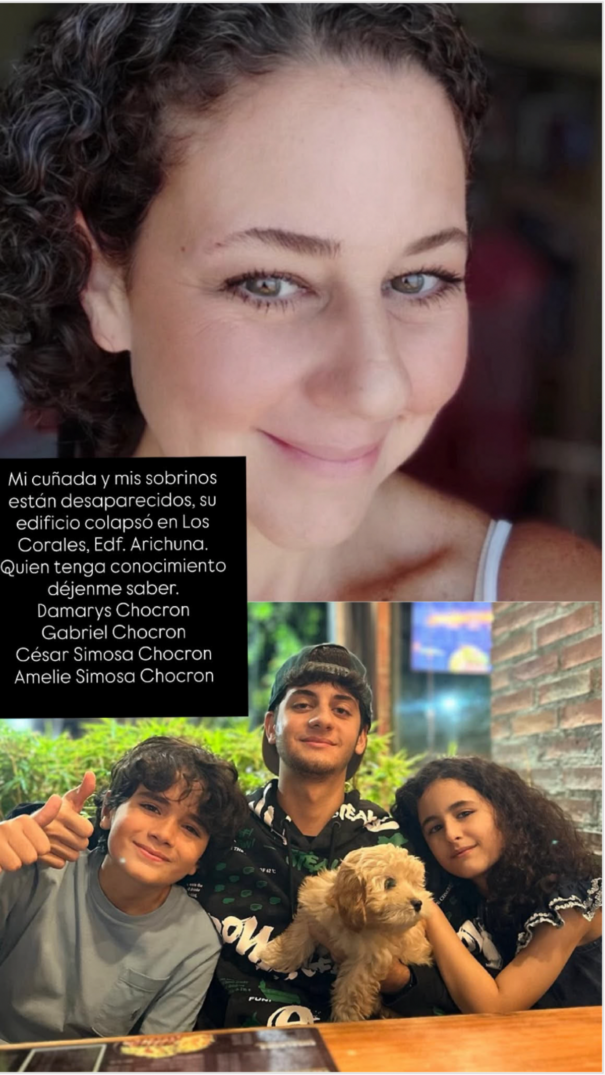 Photo posted on Nilka Simosa Verde’s social media asking others for help in finding her loved ones after their apartment building collapsed in La Guaira, Venezuela, one of the hardest hit areas of the earthquakes.