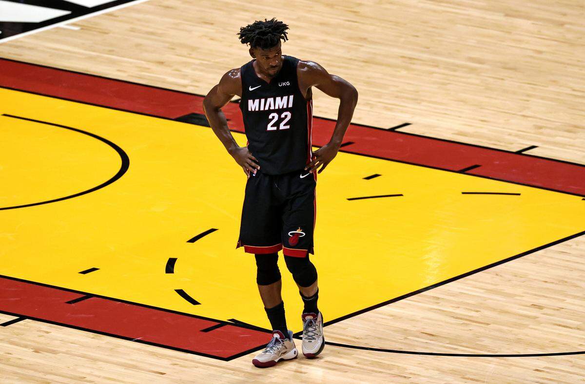 Miami Heat forward Jimmy Butler (22) looks on during the second quarter of Game 3 of their first-round playoff series against the Milwaukee Bucks on Thursday, May 27, 2021 at AmericanAirlines Arena.