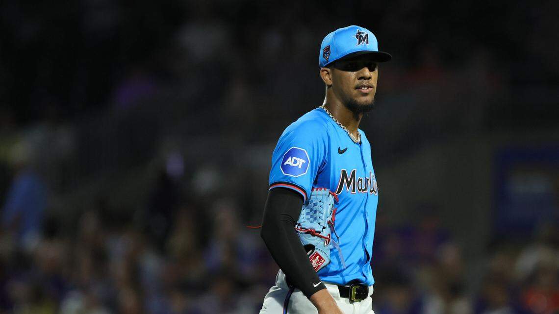 Mar 8, 2024; Jupiter, Florida, USA; Miami Marlins starting pitcher Eury Perez (39) looks on against the New York Mets during the first inning at Roger Dean Chevrolet Stadium.