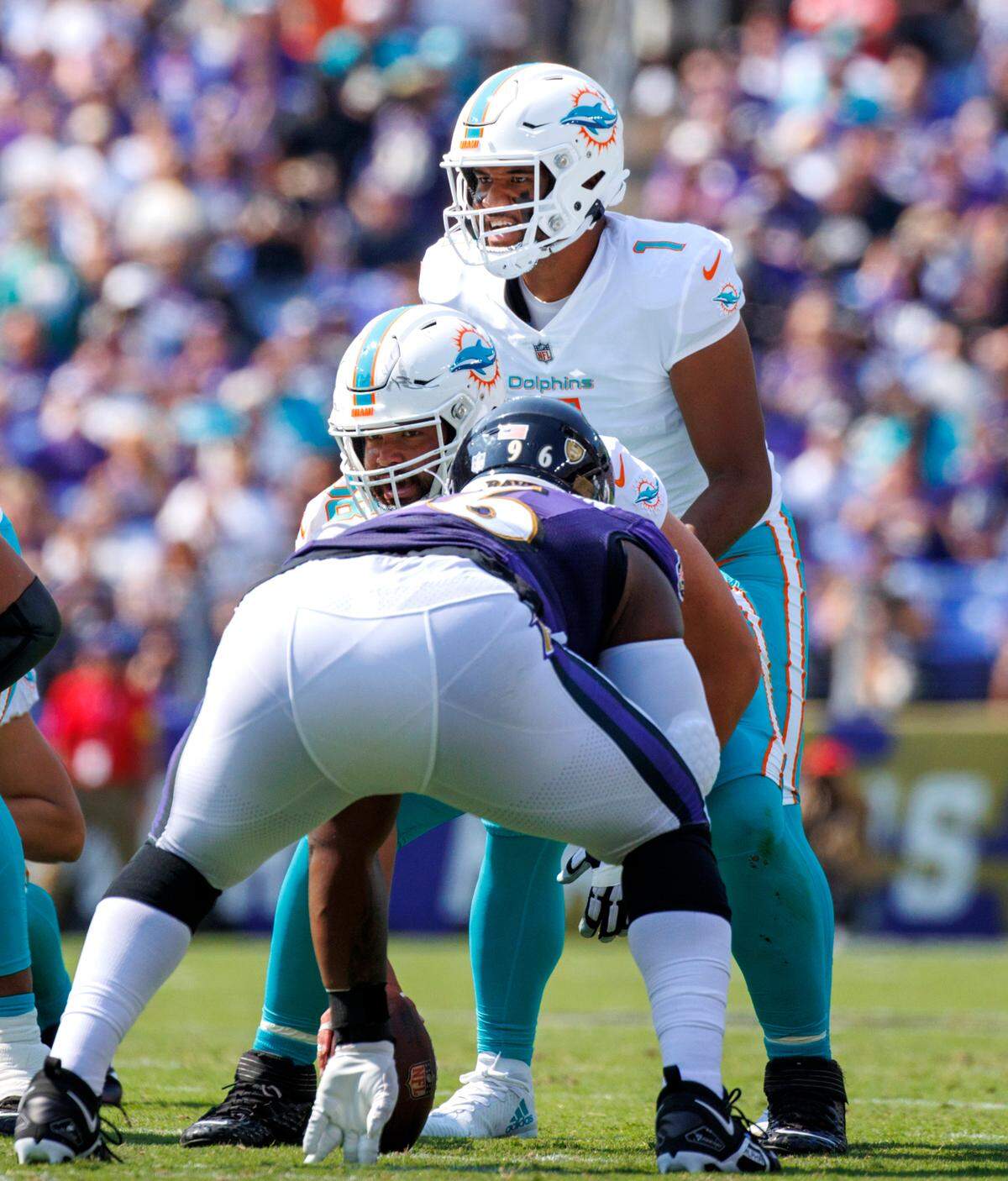 Baltimore Ravens defensive tackle Broderick Washington (96) in position as Miami Dolphins quarterback Tua Tagovailoa (1) waited for the snap from guard Connor Williams (58) during second quarter of an NFL football game at M&T Bank Stadium on Sunday, September 18, 2022 in Baltimore, MD.