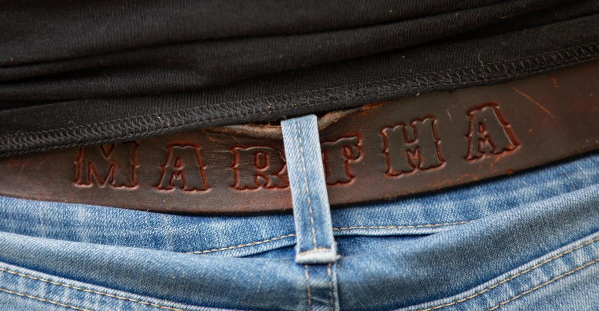 Martha Frassica-Rivera’s belt that she got at a country music festival seen on Aug. 7, 2023. “I think that if people knew we were here the situation would drastically change. I think people realize that we’re here once they need us, but the general public doesn’t realize that we’re a place that you can come to, and you can learn about animals, and you can see these rescued animals.”