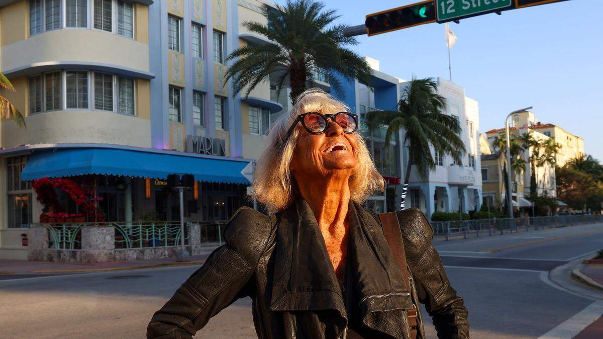 Barbara Hulanicki in front of the Marlin Hotel in Miami Beach. The Marlin was one of the first Art Deco hotels she was commissioned to redesign in the 1980s.