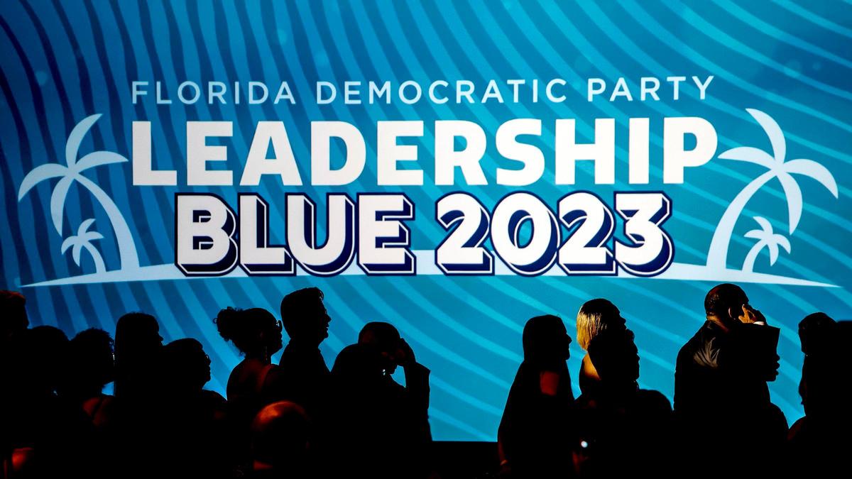 Attendees arrive for the gala at the Florida Democratic Party’s annual Leadership Blue Weekend at the Fontainebleau Hotel in Miami Beach, Florida, on Saturday, July 8, 2023.