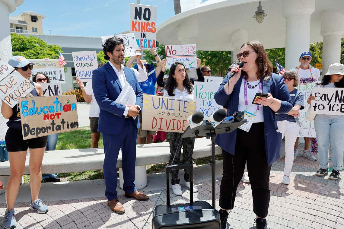 Washtenaw County Sheriff Alyshia Dyer, of Ann Arbor, Mich., speaks in support of protesters across the street from the 2025 National Sheriffs’ Association Annual Conference at the Broward County Convention Center in Fort Lauderdale on Tuesday, June 24, 2025.