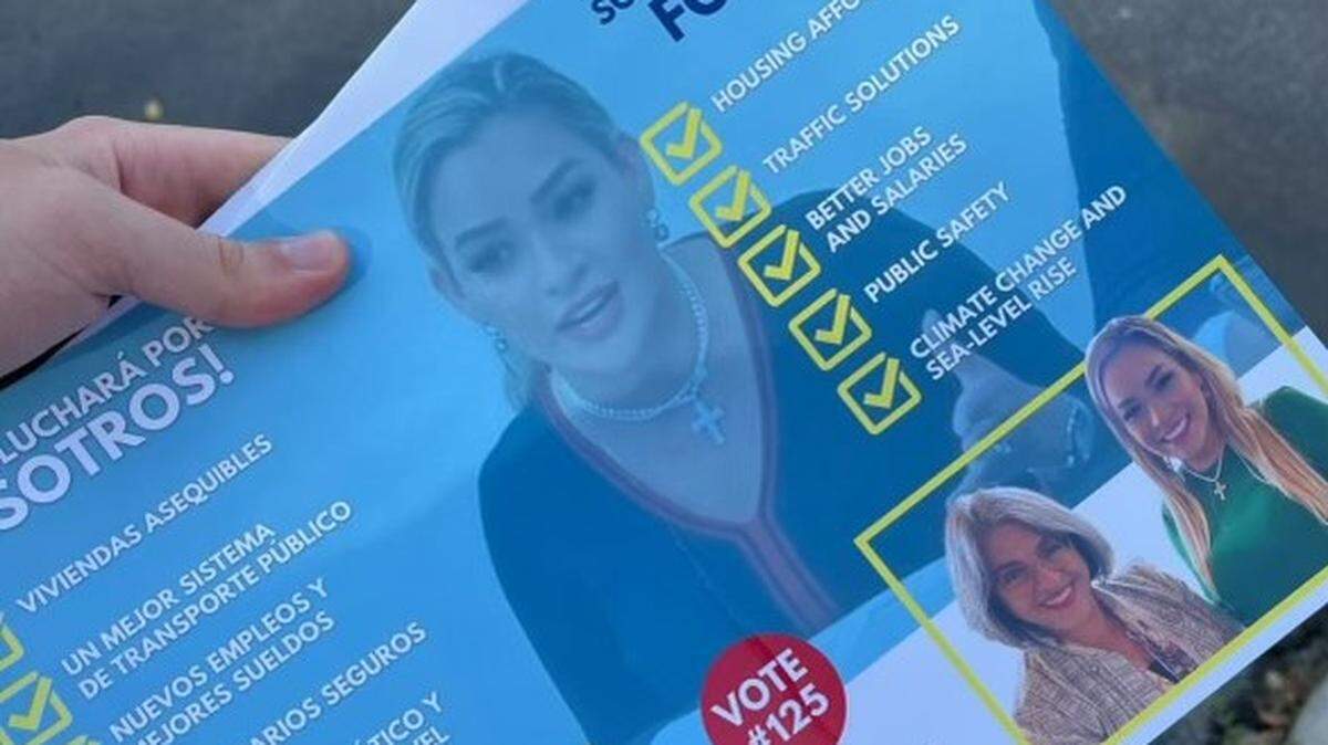 A photo of a flier promoting the candidacy of Sophia Locayo, who is running for the District 12 seat on the Miami-Dade County Commission. Mayor Daniella Levine Cava, pictured with Lacayo on the bottom right-hand corner of the flier, is demanding the candidate stop using her photo in mailers since she hasn’t endorsed the candidate.