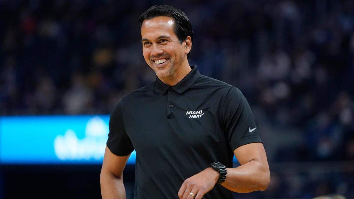 Miami Heat head coach Erik Spoelstra during an NBA basketball game against the Golden State Warriors in San Francisco, Monday, Jan. 3, 2022.