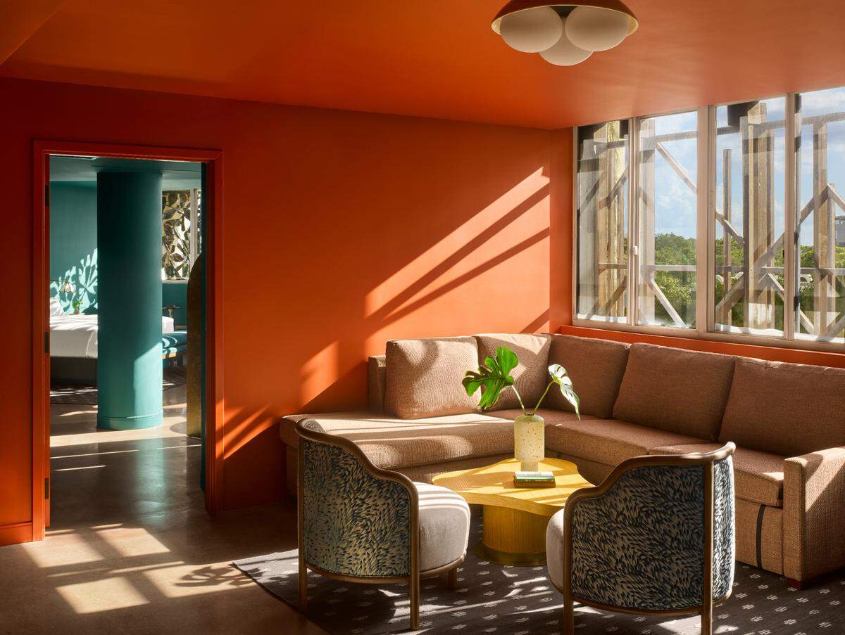 The living space in one of the suites at Mayfair House Hotel & Garden in Coconut Grove.