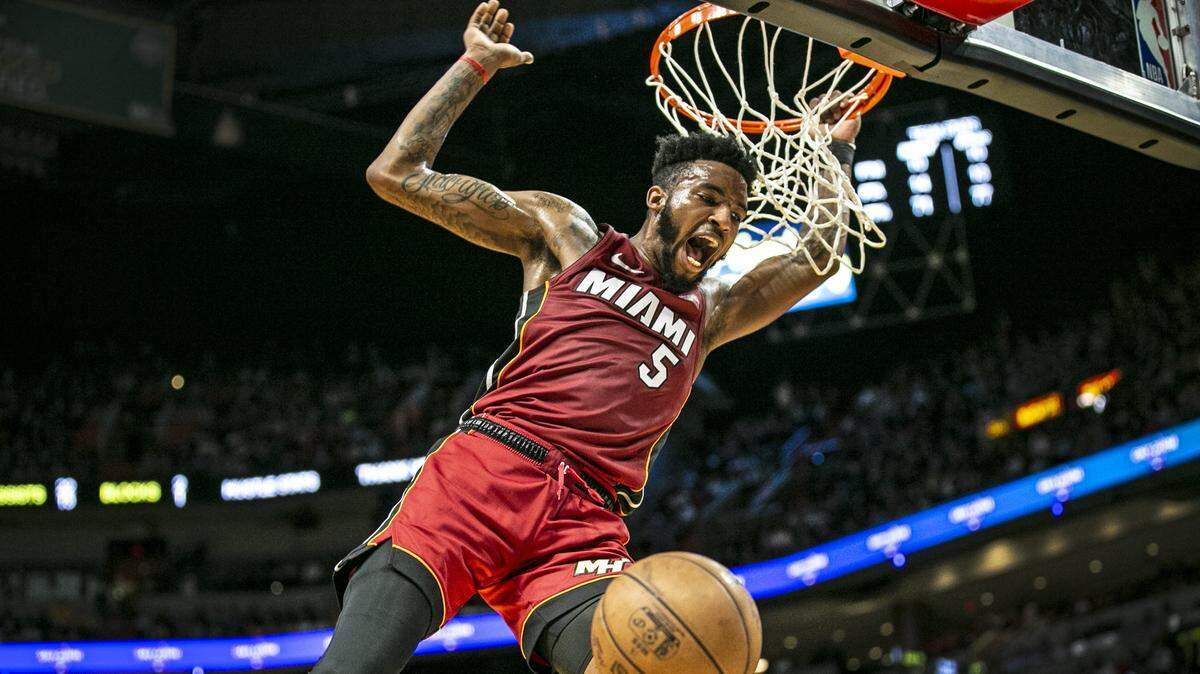 Miami Heat forward Derrick Jones Jr. (5) dunks the ball in the second quarter as the Heat hosts the Cleveland Cavaliers at AmericanAirlines Arena on Saturday, February 22, 2020.
