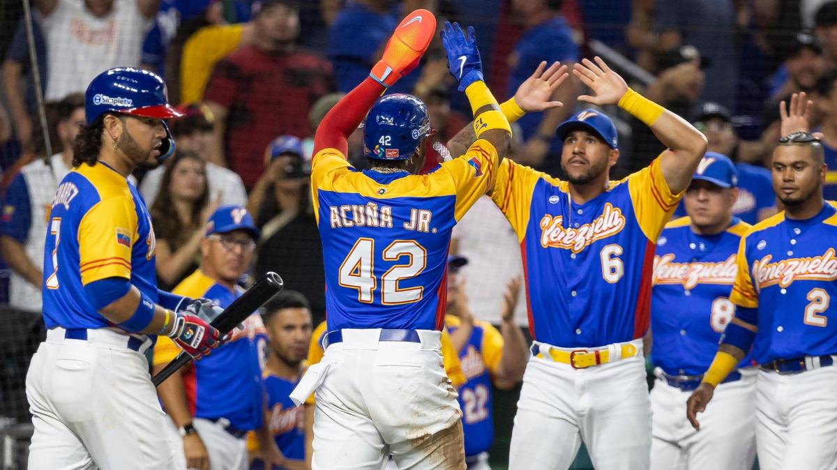 Venezuela outfielder Ronald Acuna Jr. (42) celebrates after scoring against Nicaragua during the fourth inning of a Pool D game at the World Baseball Classic at loanDepot Park on Tuesday, March 14, 2023, in Miami, Fla.
