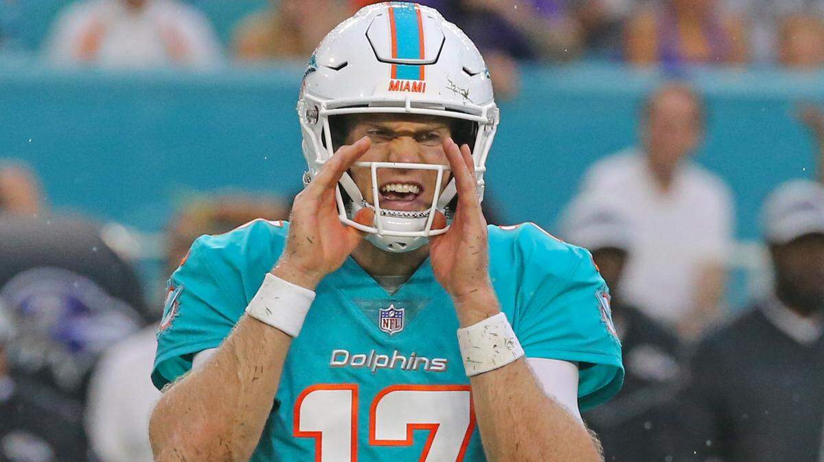 Miami Dolphins quarterback Ryan Tannehill calls a play during first quarter of an NFL preseason football game against the Baltimore Ravens at Hard Rock Stadium on Saturday, August 25, 2018, in Miami Gardens.