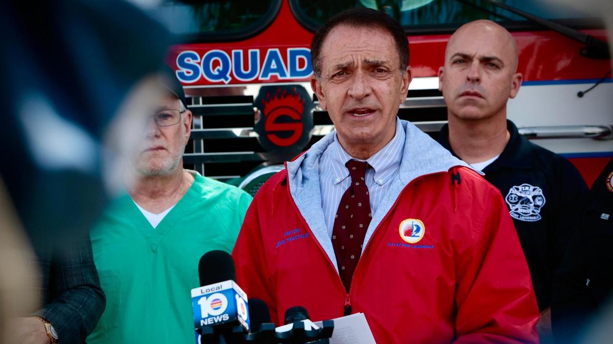 Fort Lauderdale Mayor Dean Trantalis updates the media on recovery efforts during a press conference at the FLFR Base of Operations at 309 SW 26th street on Friday, April 14, 2023.