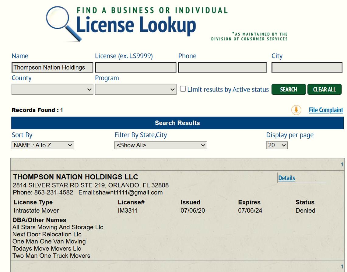 What you see if you look up Thompson Nation Holdings’ license on the Florida Department of Agriculture and Consumer Services website.