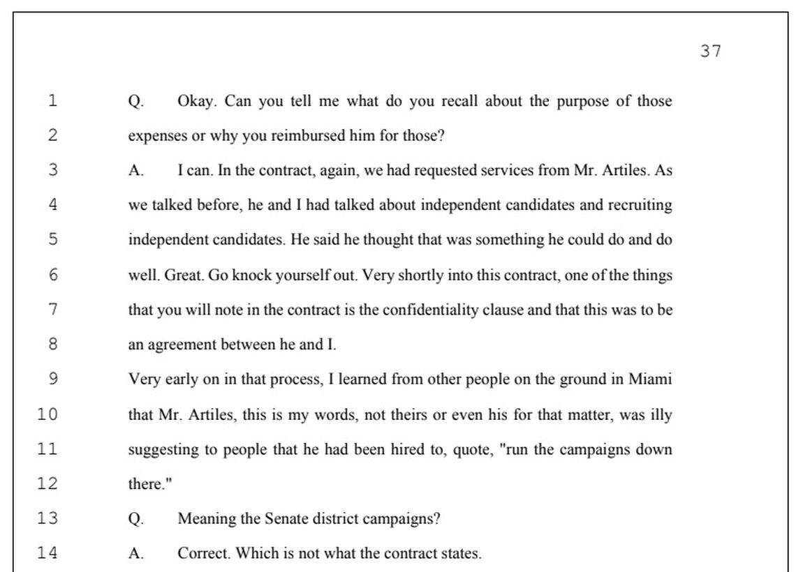 A portion of the transcript from a deposition of Patrick Bainter shows the lead consultant for Florida’s Senate Republican campaign arm discussing his discussions with former Miami Senator Frank Artiles.