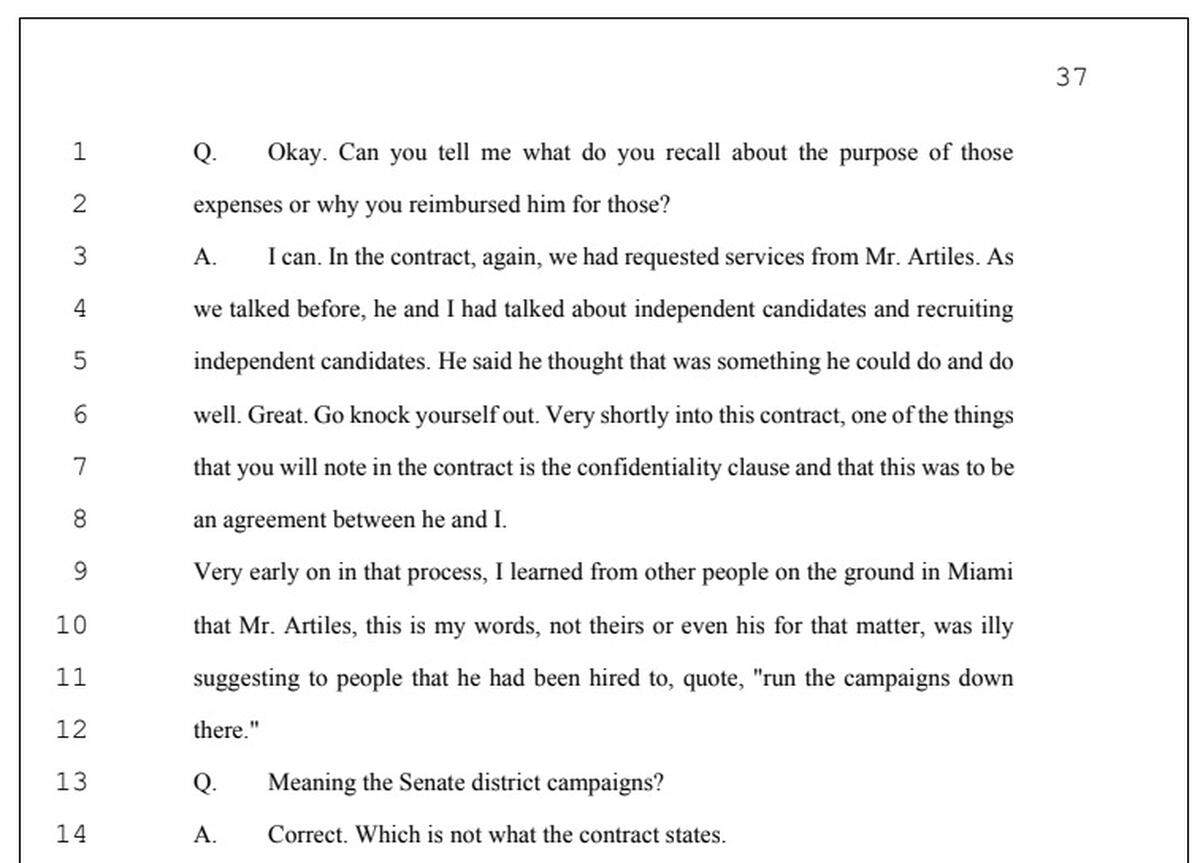 A portion of the transcript from a deposition of Patrick Bainter shows the lead consultant for Florida’s Senate Republican campaign arm discussing his discussions with former Miami Senator Frank Artiles.