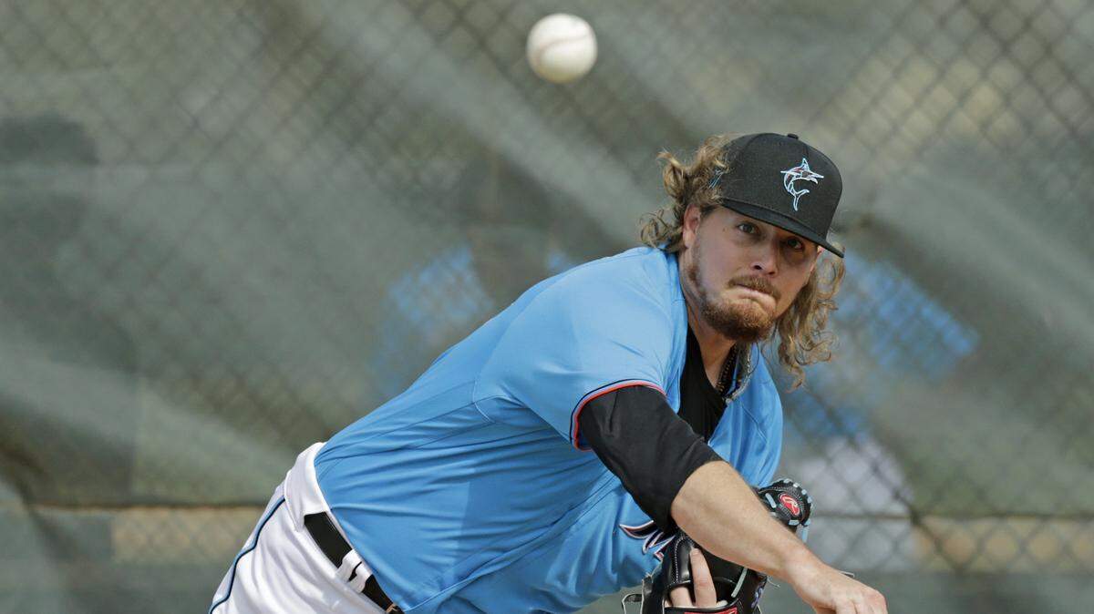 Miami Marlins pitcher Ryne Stanek pitches during the spring training baseball workouts for pitchers and catchers at Roger Dean Stadium on Wednesday, February 12, 2020 in Jupiter, FL.