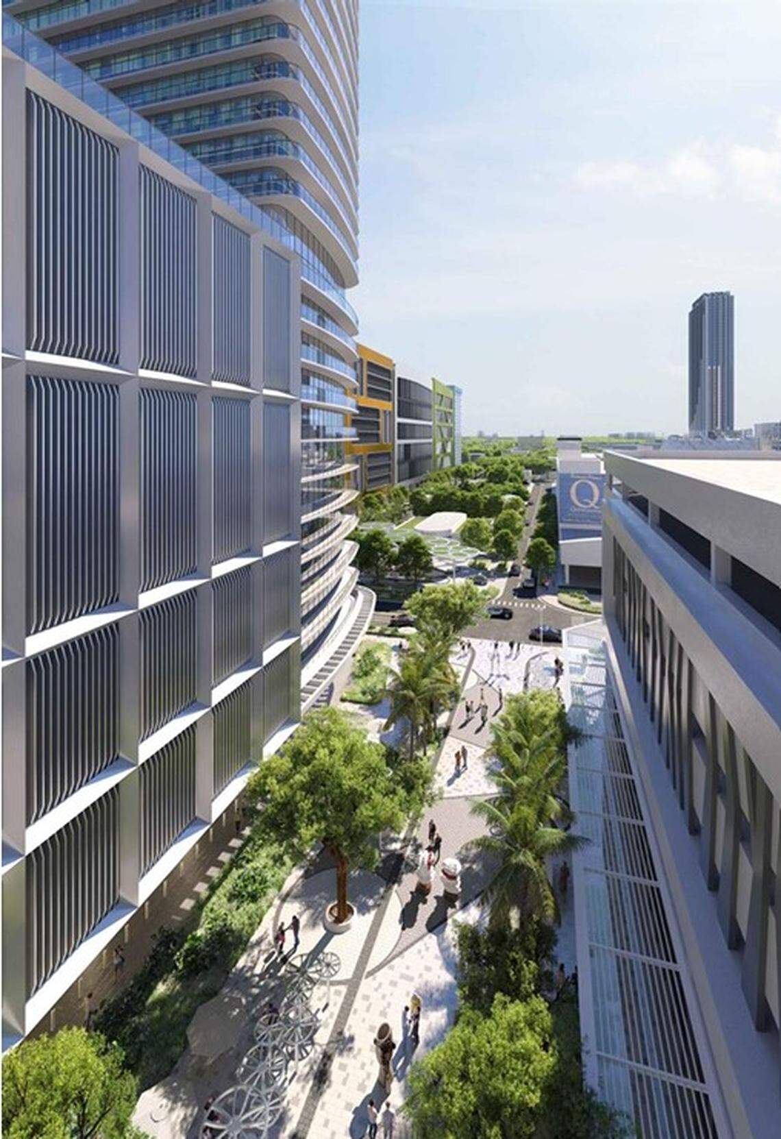 A rendering of the development being proposed by Braman Motors shows a pedestrian walkway.