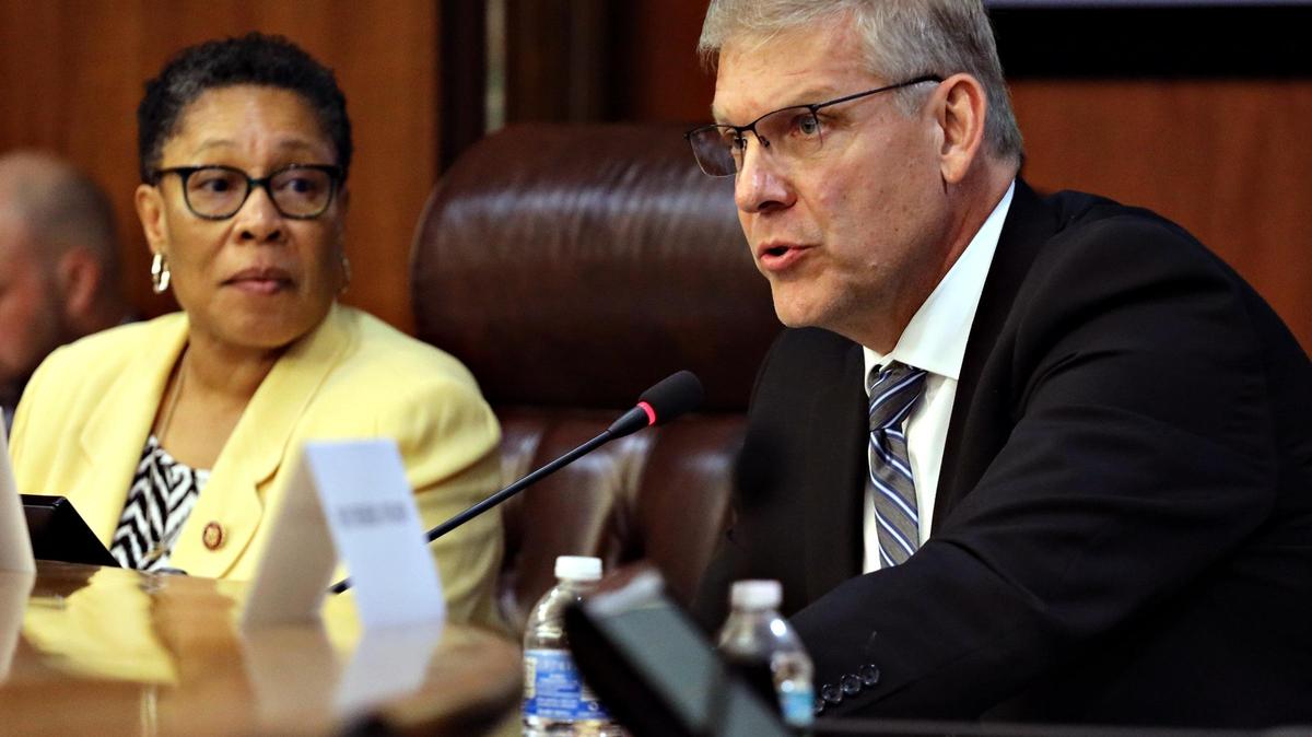 U.S. Rep. Barry Loudermilk, R-Ga., right, asks a question as U.S. Rep. Marcia Fudge, D-Ohio, looks on as the U.S. Committee on House Administration’s elections subcommittee held a hearing on voter rights on Monday, May 6, 2019, at the Broward County Government Center in Fort Lauderdale, Florida.