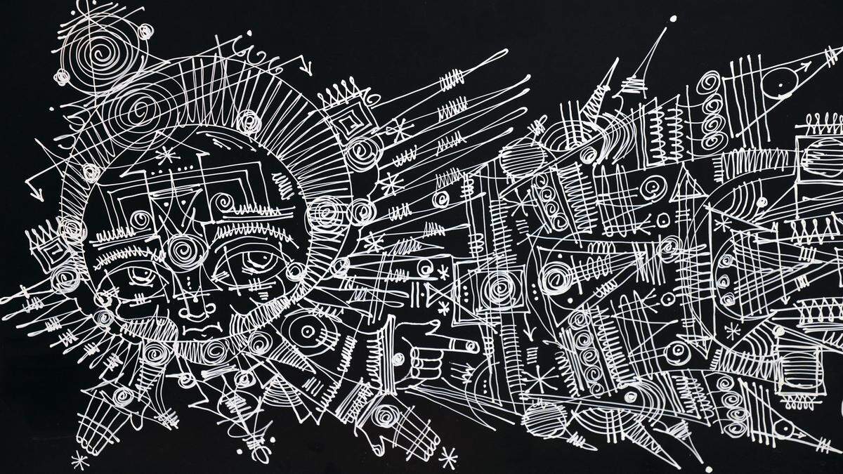 Pictured is Ras Terms untitled piece that reflects his “Ancient Futurism” art process.