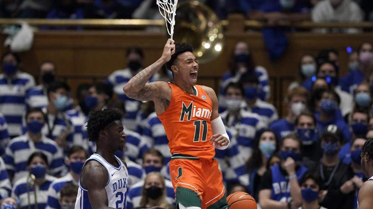 UM guard/forward Jordan Miller celebrates during the Hurricanes 76-74 road win over No. 2 Duke on Jan. 8, 2022
