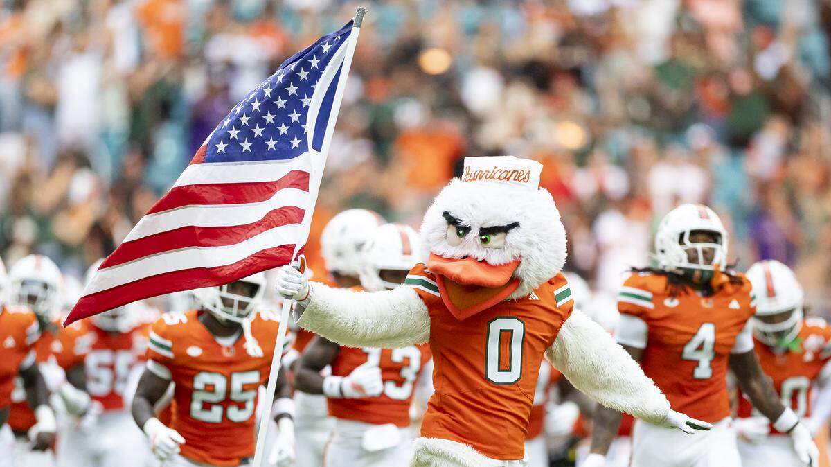 Miami Hurricanes mascot Sebastian the Ibis runs on the field before his team plays against the Bethune-Cookman Wildcats in their NCAA football game at Hard Rock Stadium on Saturday, Sept. 6, 2025, in Miami Gardens, Fla.
