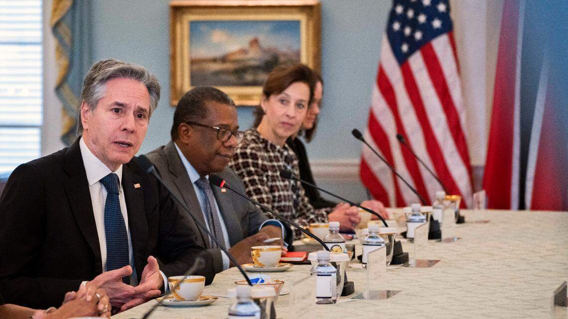 Secretary of State Antony Blinken, left, speaks during a meeting with Trinidad and Tobago Prime Minister Keith Rowley, not pictured, at the State Department, Monday, Jan. 29, 2024, in Washington. (AP Photo/Manuel Balce Ceneta)