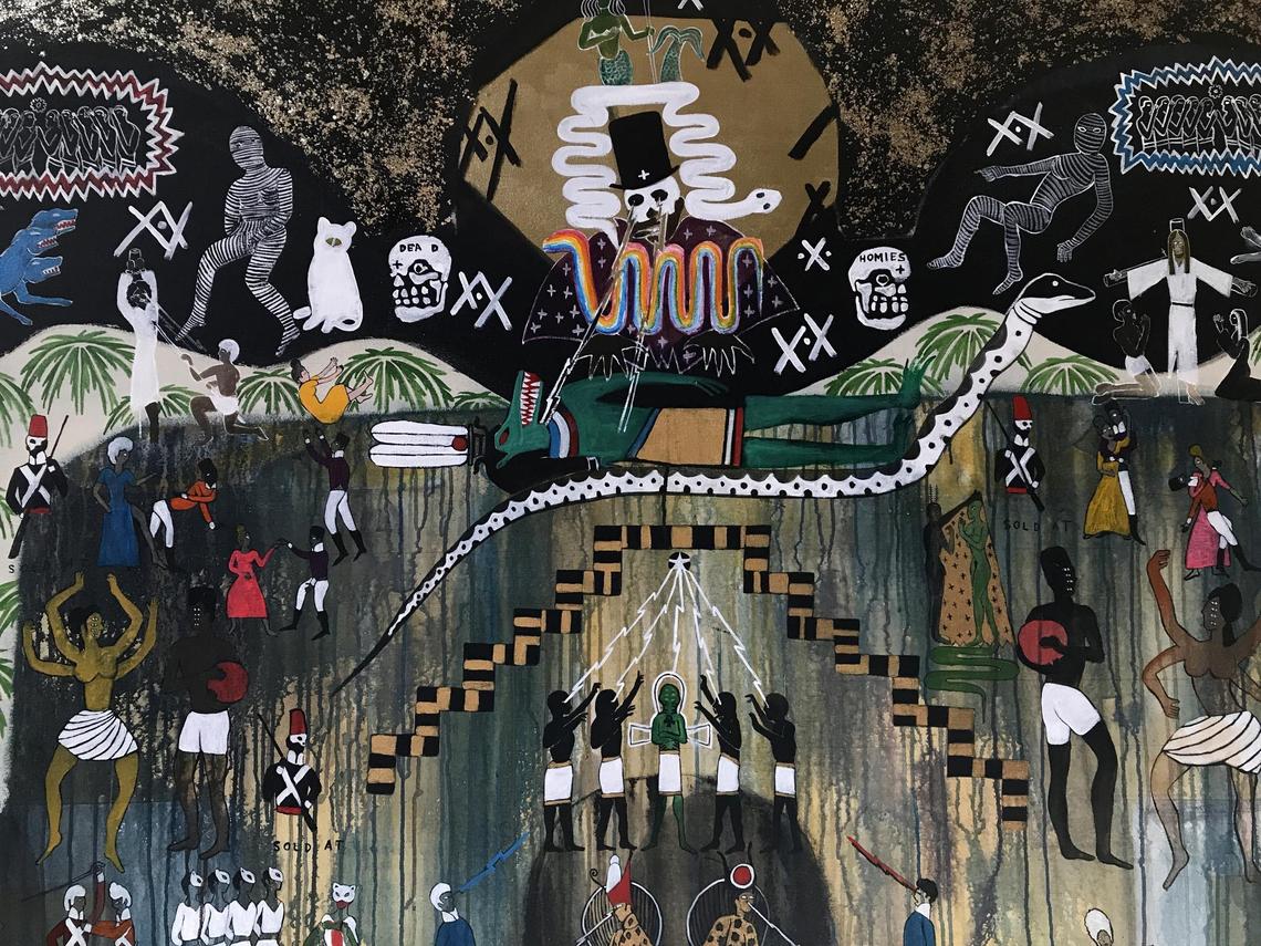 A work titled The Palace of Quilombos. Gonalves 1793, 2015 by Umar Rashid (Forhawk two feathers) at Jorge Perez’ new private museum, El Espacio 23, in Allapattah.