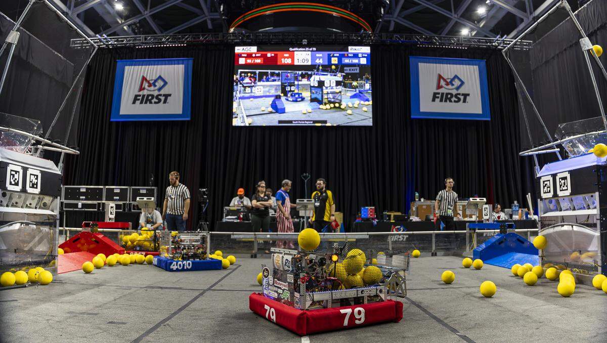 Students from Team 79 Krunch and Team 4010 PrepaTec-Nautilus participate in the 2026 FIRST Robotics South Florida Regional Competition at the University of Miami’s Watsco Center on Friday, April 10, 2026, in Coral Gables, Fla. Participants from local school districts, surrounding states, and international teams are competing for an opportunity to earn a spot at the 2026 FIRST World Championship.