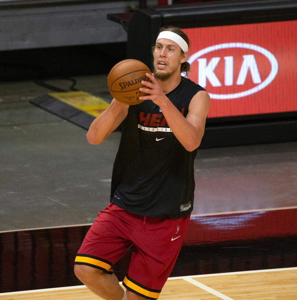 Miami Heat center Kelly Olynyk (9) during practice before the start of an NBA basketball preseason game against the New Orleans Pelicans at AmericanAirlines Arena on Monday, Dec. 14, 2020.