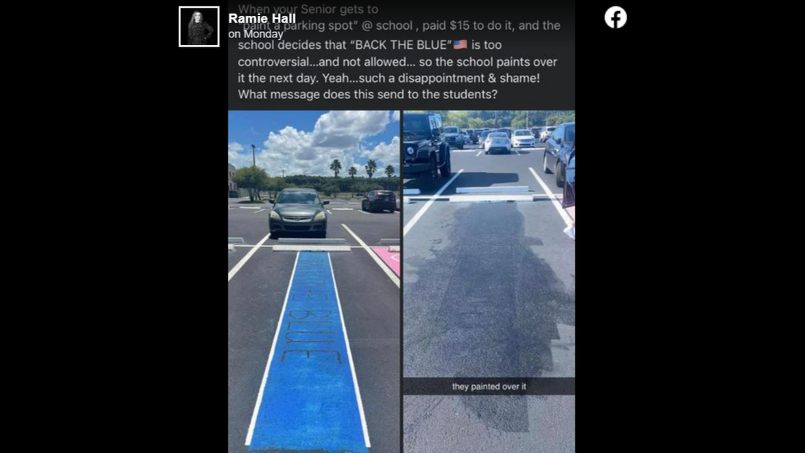 School covered up student’s ‘Back the Blue’ parking spot. Then let them repaint it